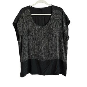 Eileen Fisher Black 100% Silk‎ Silver Sequins Blouse Short Sleeve Women Size L